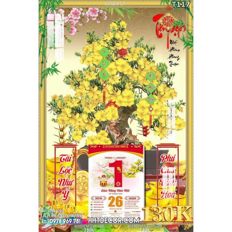 Lịch tết tranh bonsai, Mai Đào tết-651BS LT