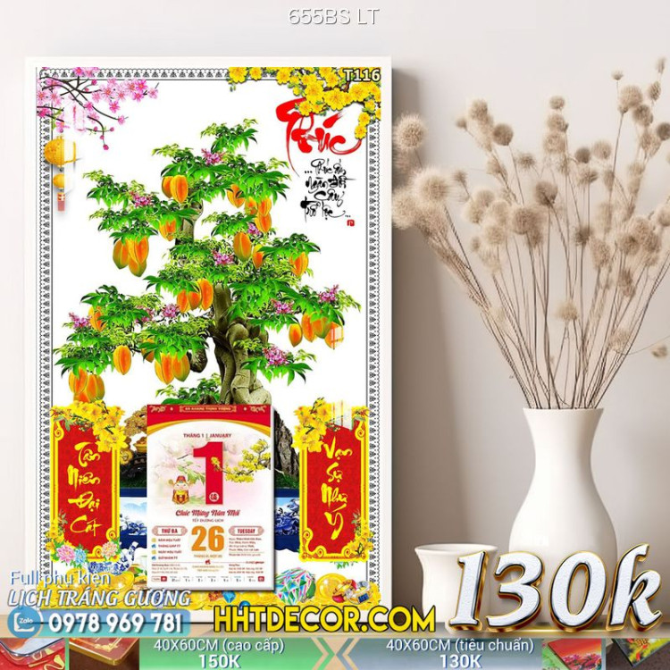 Lịch tết tranh bonsai, Mai Đào tết-655BS LT