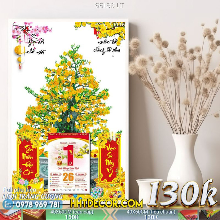 Lịch tết tranh bonsai, Mai Đào tết-661BS LT