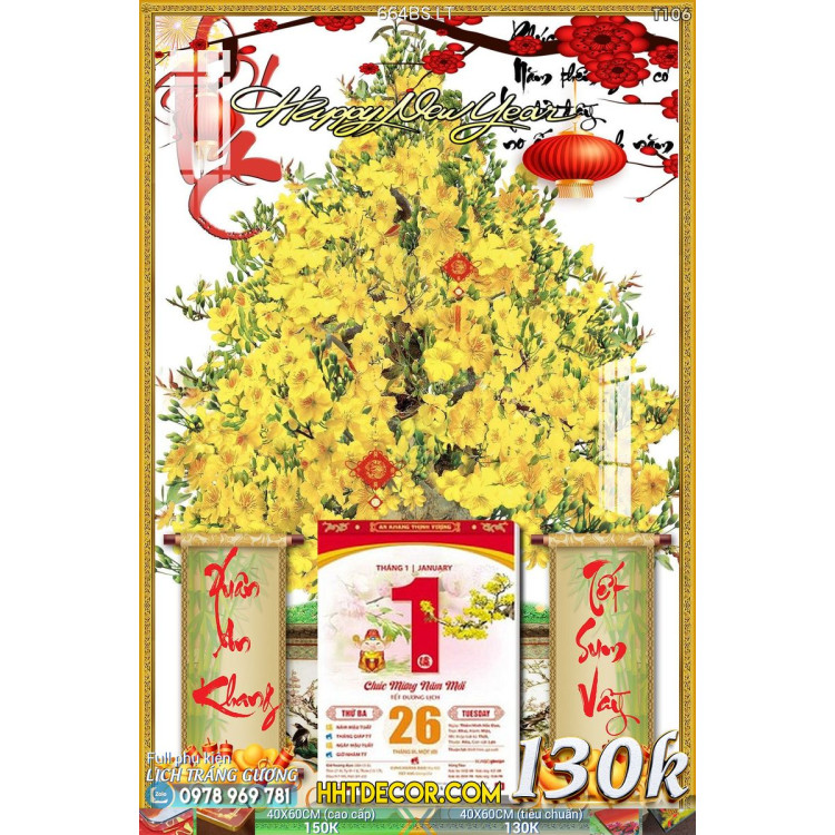 Lịch tết tranh bonsai, Mai Đào tết-664BS LT