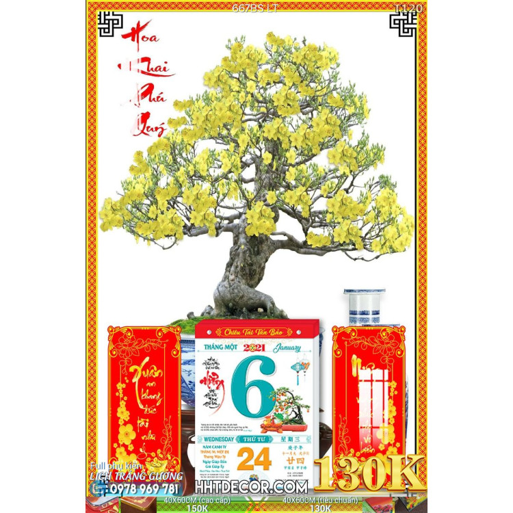 Lịch tết tranh bonsai, Mai Đào tết-667BS LT
