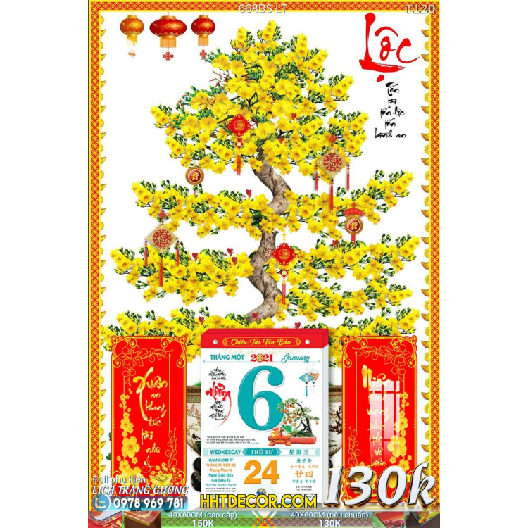 Lịch tết tranh bonsai, Mai Đào tết-668BS LT