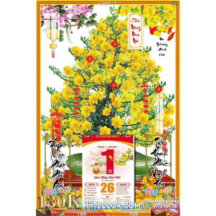 Lịch tết tranh bonsai, Mai Đào tết-671BS LT