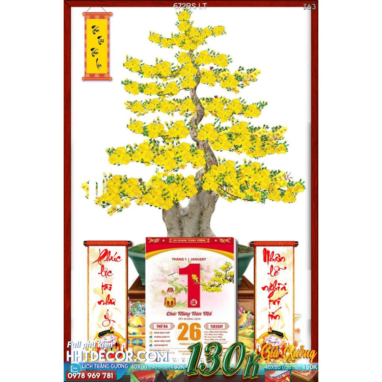 Lịch tết tranh bonsai, Mai Đào tết-672BS LT