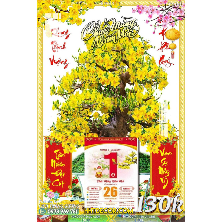Lịch tết tranh bonsai, Mai Đào tết-676BS LT