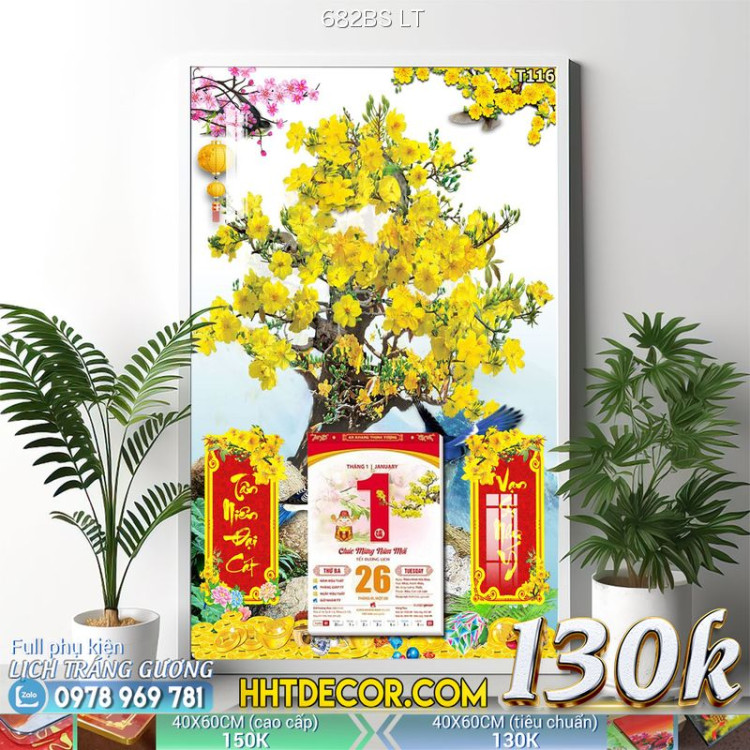 Lịch tết tranh bonsai, Mai Đào tết-682BS LT