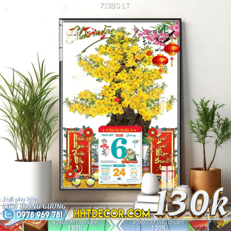 Lịch tết tranh bonsai, Mai Đào tết-713BS LT