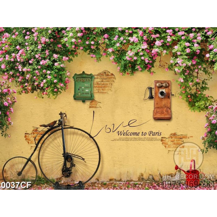 Tranh bức tường quán cà phê trang trí đầy hoa tươi