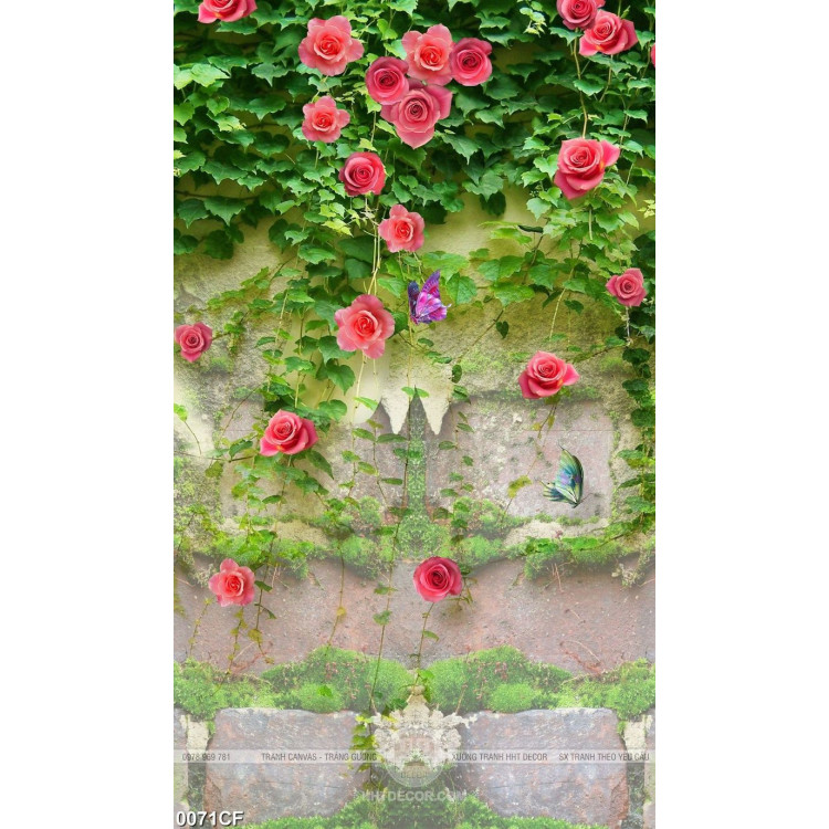 Tranh bụi hồng leo trên tường quán cà phê in uv