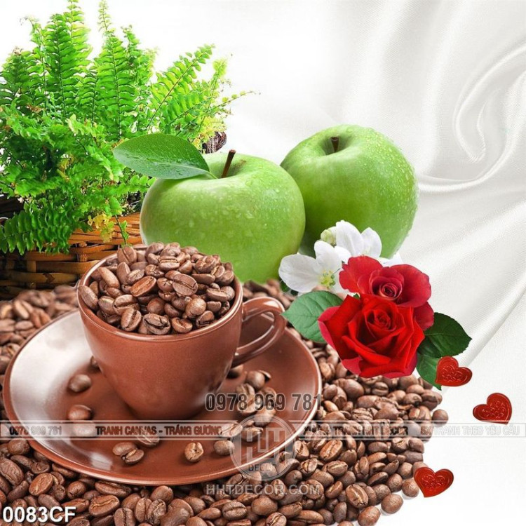 Tranh những hạt cà phê trên bàn hoa quả