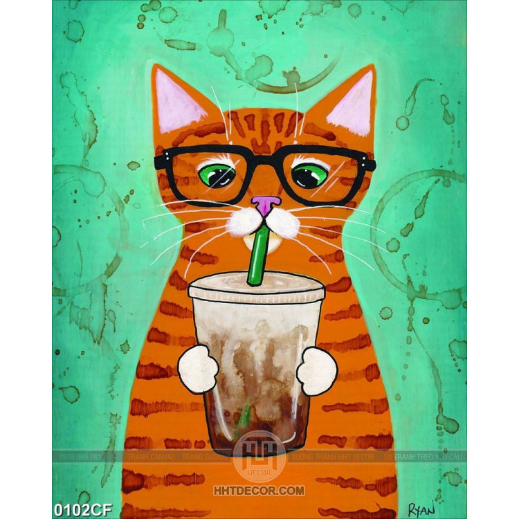 Tranh chú mèo uống ly cà phê sữa in uv