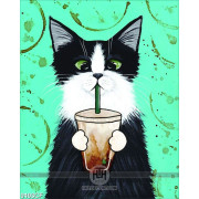 Tranh chú mèo đen đang hút ly cà phê sữa