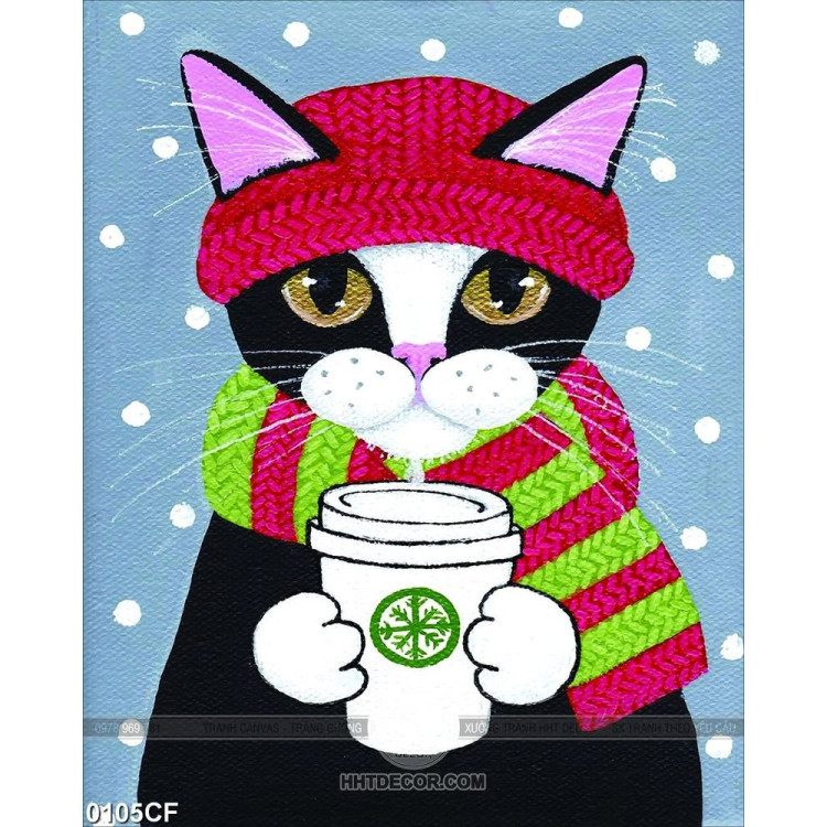Tranh chú mèo ấm giữa trời tuyết với ly cà phê đen nóng