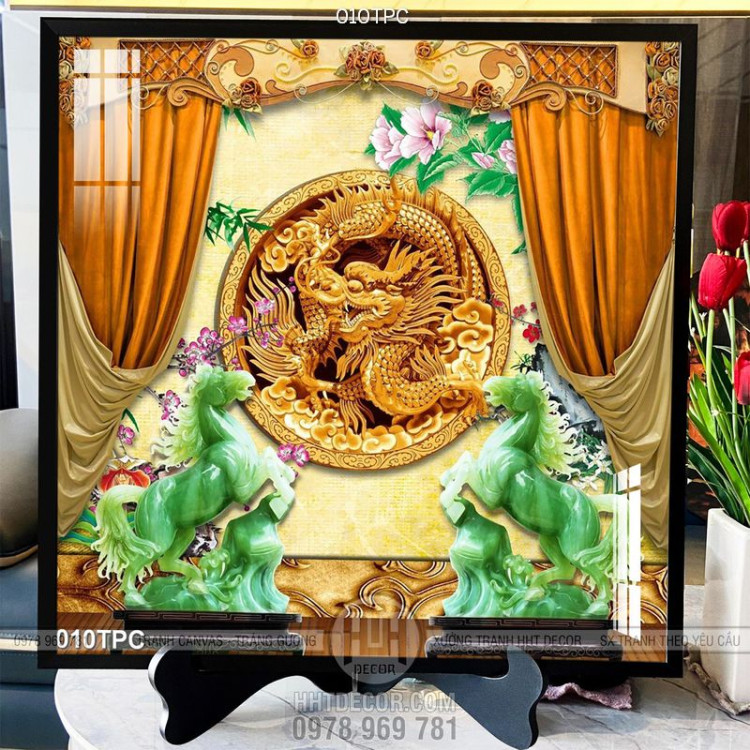 Tranh rèm màn ngựa giả ngọc bên rồng vàng decor trang trí