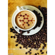Tranh tách cappuccino trên bàn đầy hạt cà phê