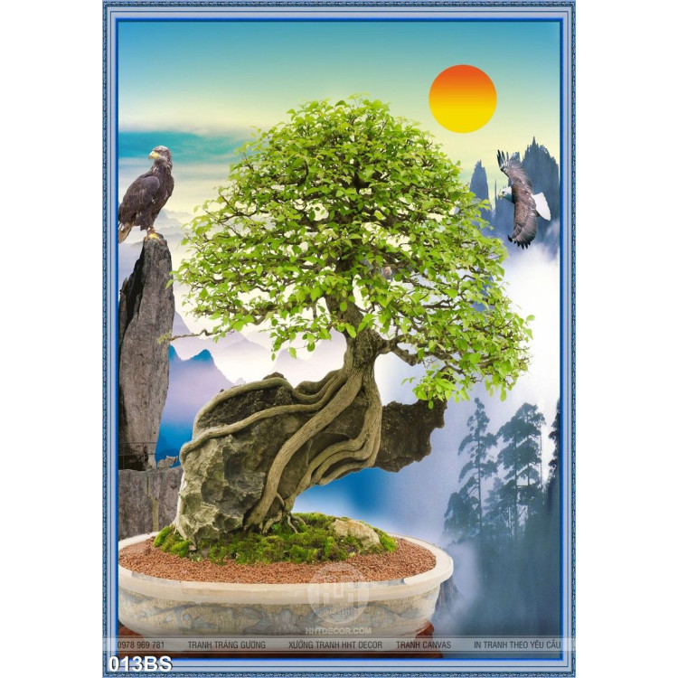 Tranh bonsai và hòn lăng bộ psd