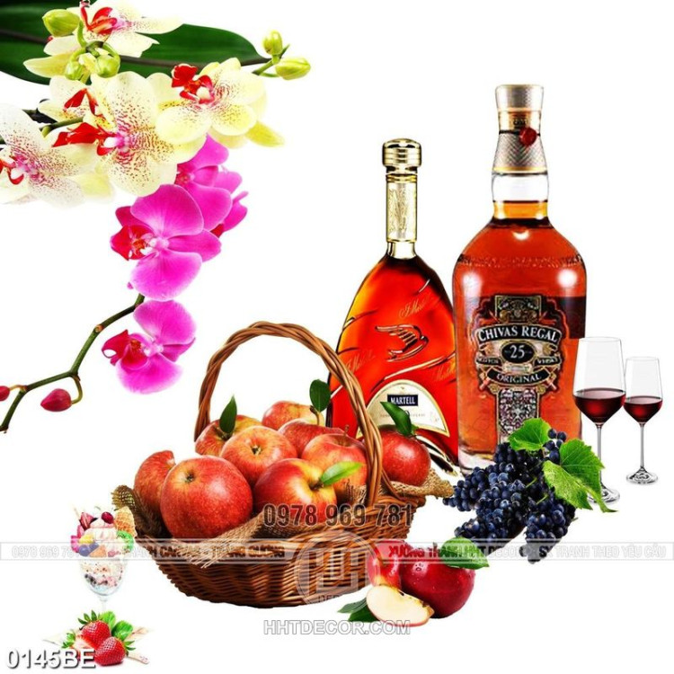 Tranh psd bếp nhành hoa phong lan bên chai rượu