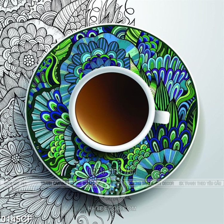 Tranh họa tiết xanh trên tách cà phê sữa treo tường