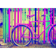 Tranh chiếc xe đạp và hàng rào sặc sỡ ngoài quán cà phê