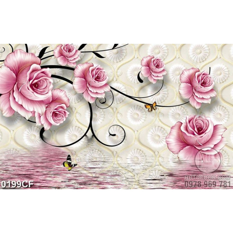 Tranh hoa hồng nhung in trên tường quán cà phê