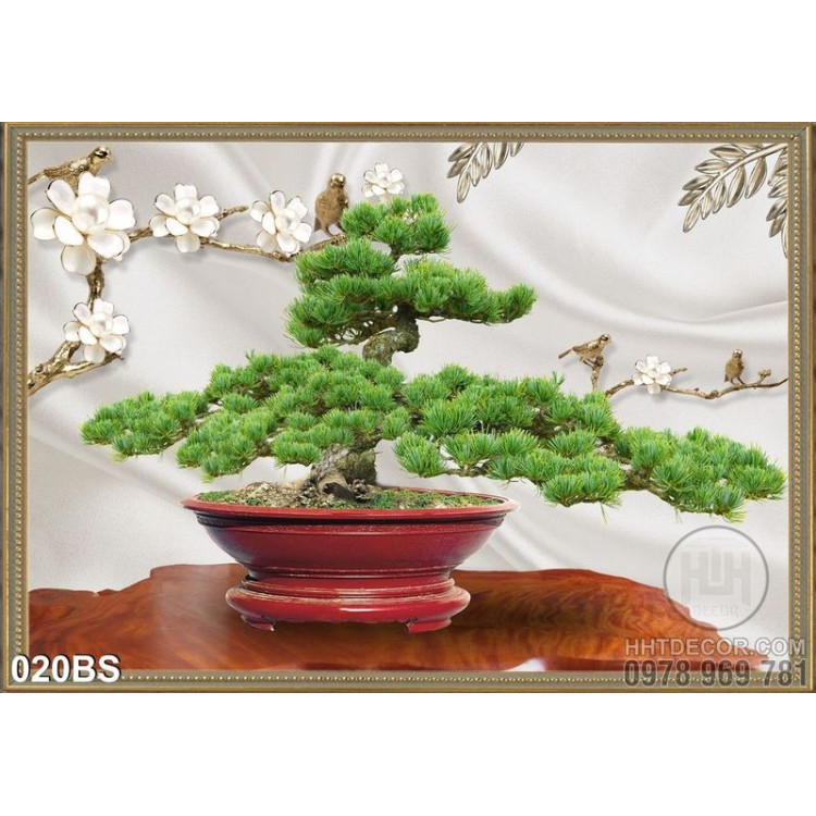 Tranh bonsai nghệ thuật và cái chậu đỏ