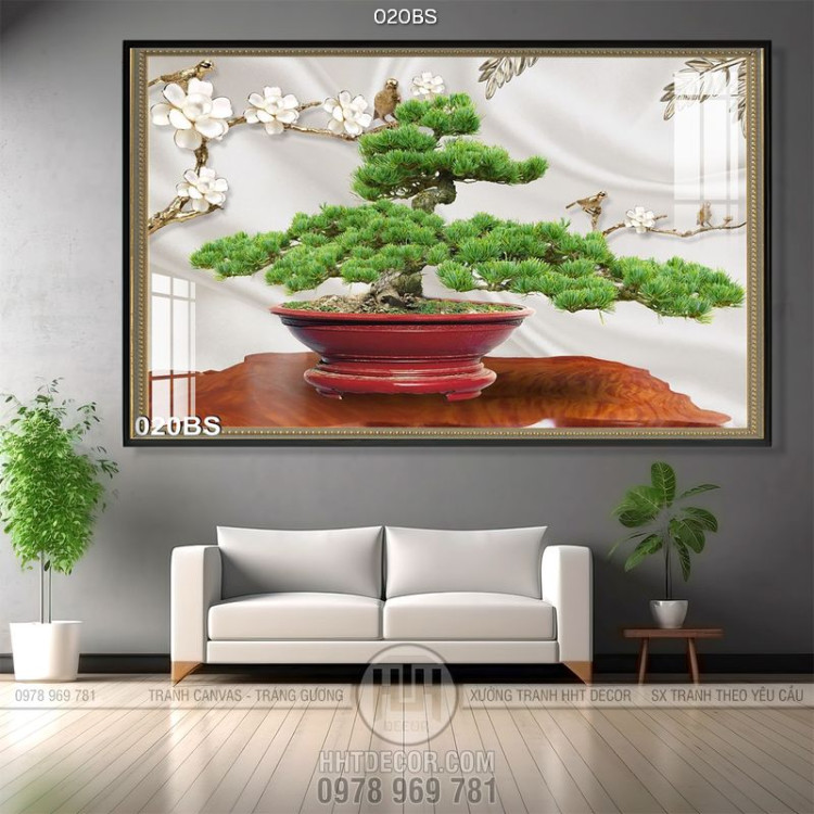 Tranh bonsai nghệ thuật và cái chậu đỏ