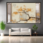 Tranh rèm màn decor trang trí cây hoa vàng treo tường