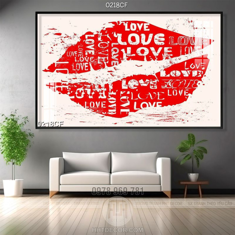 Tranh đôi môi tình yêu trên tường quán cà phê 3d