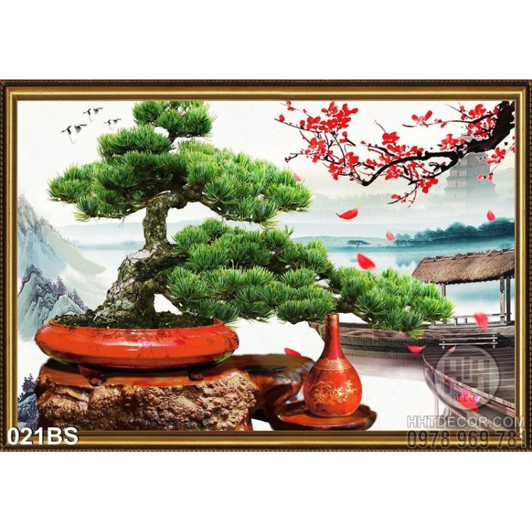 Tranh bonsai tạo kiểu và cái bình