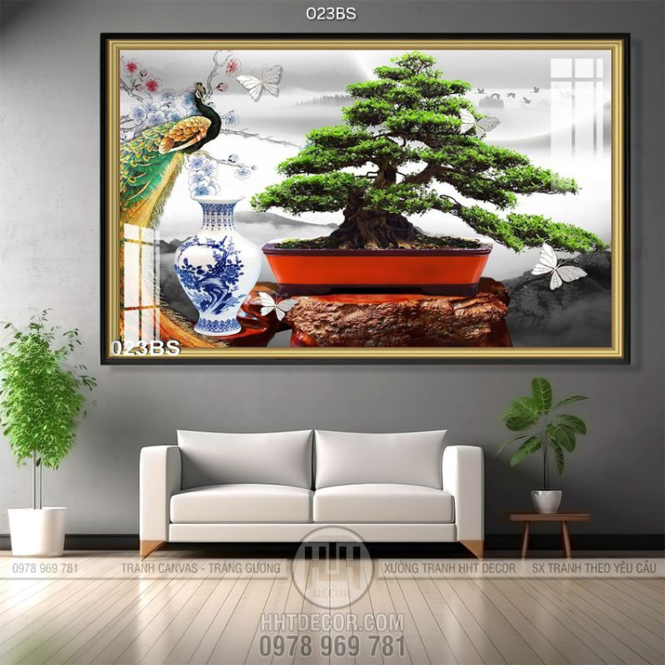 Tranh bonsai nghệ thuật và con chim công