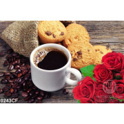 Tranh ly cà phê đen bên bánh quy hạnh nhân