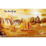 Tranh thuyền buồm xuôi gió mạ vàng và cảnh núi vẽ tay 3d ấn tượng uv