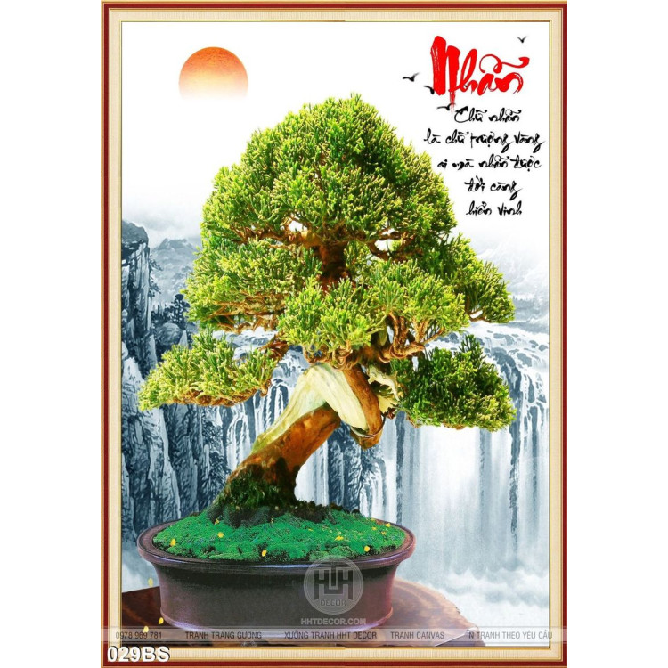 Tranh bonsai và thác nước chữ nhẫn