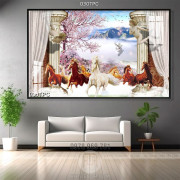 Tranh rèm màn decor trang trí đàn ngựa phi bên rừng hoa đào