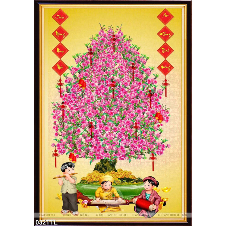 Tranh Tài Lộc, tranh Tết chậu hoa Đào đẹp