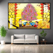 Tranh Tài Lộc, tranh Tết chậu hoa Đào treo tường
