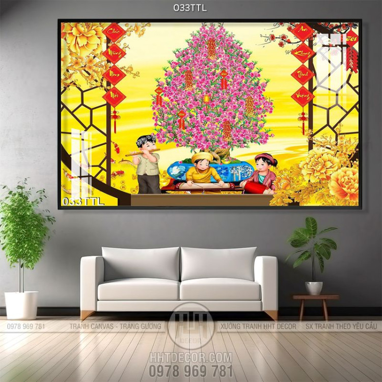 Tranh Tài Lộc, tranh Tết chậu hoa Đào treo tường