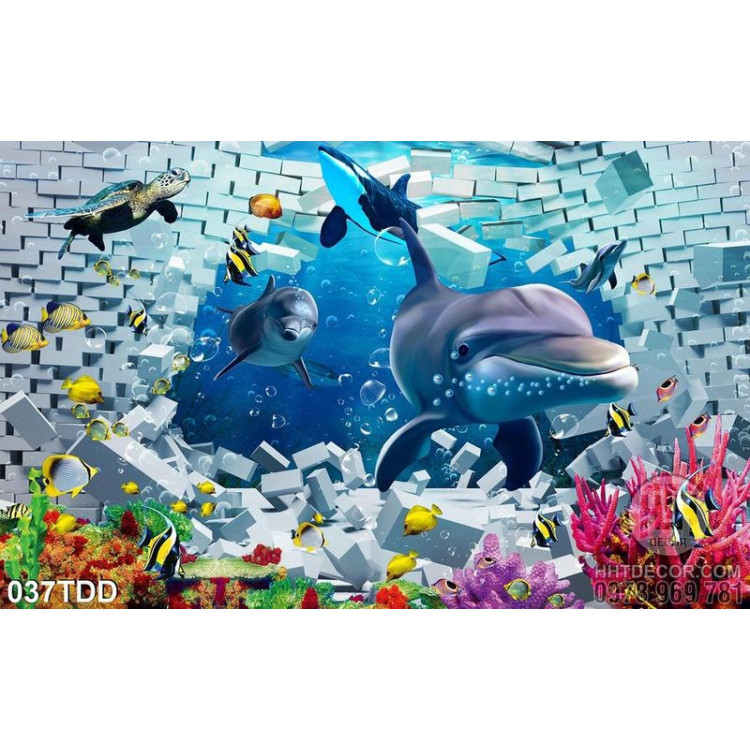 Tranh Đại Dương, cá heo 3D trang trí phòng khách