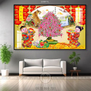 Tranh Tài Lộc, tranh Tết chậu Đào trang trí tường