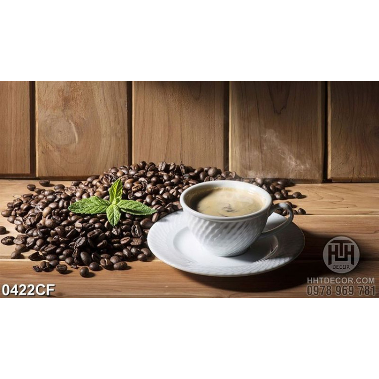 Tranh ly cà phê cappuccino bên ngọn rau húm chanh