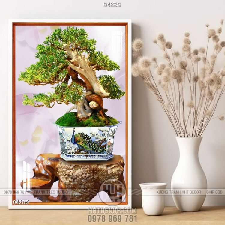 Tranh bonsai nghệ thuật đẹp ấn chim công