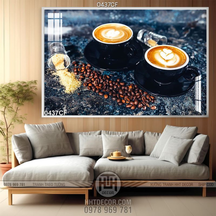 Tranh hai tách cappuccino với những hạt cà phê trên bàn