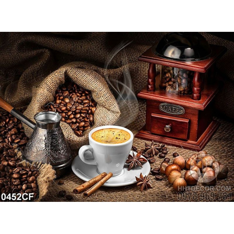 Tranh ly cappuccino trên bàn chế biến cà phê