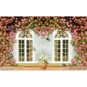 Tranh khung cửa sổ quán cà phê phủ đầy hoa hồng nhung