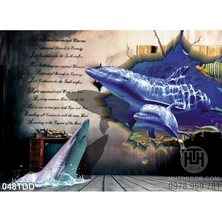 Tranh Đại Dương, cá heo 3D dán tường trang trí
