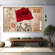 Tranh lá cờ đỏ bên chiếc xe đạp trang trí quán cà phê