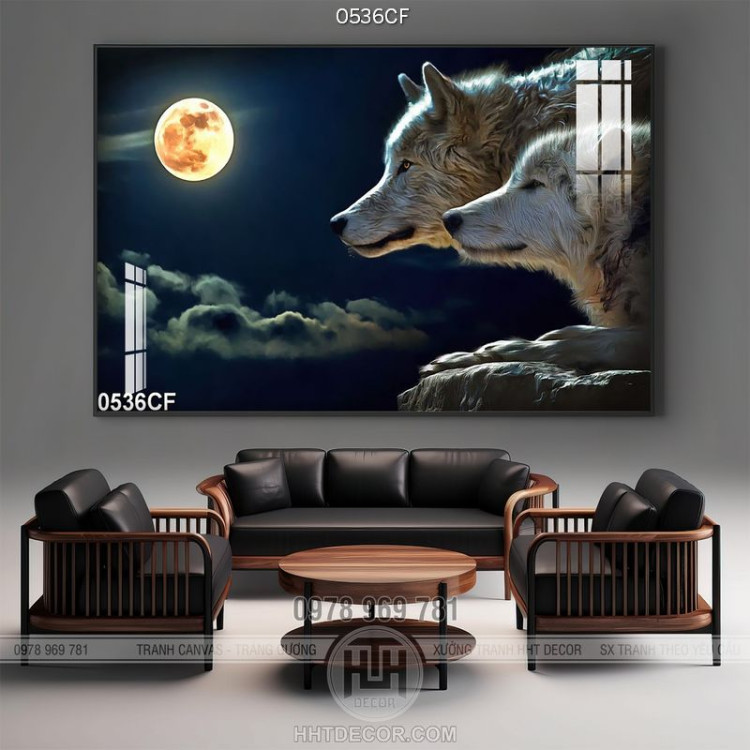 Tranh đàn sói bên ánh trăng treo tường quán cà phê 3d