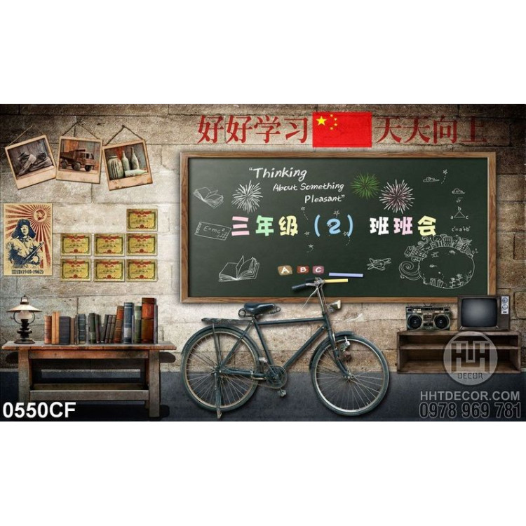 Tranh chiếc xe đạp bên tường quán cà phê in uv