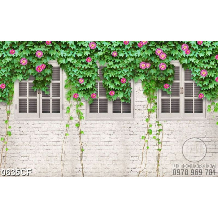 Tranh bức tường nhiều cửa sổ đầy hoa của quán cà phê