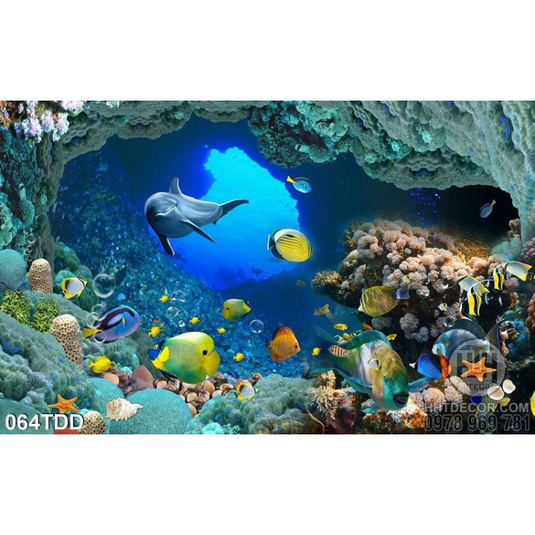 Tranh Đại Dương, cá heo 3D dán tường đẹp